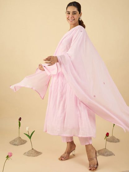 Dhiyona IE Floral Embroidered V Neck A Line Pure Cotton Kurta With Trousers & Dupatta