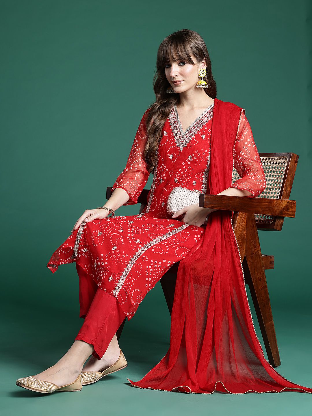 Dhiyona IE Bandhani Printed Zari Panelled Kurta With Trousers & Dupatta