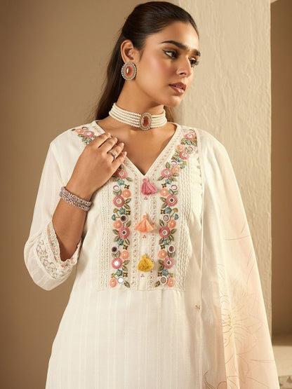Floral Embroidered Regular Mirror Work Pure Cotton Kurta With Trousers & Dupatta