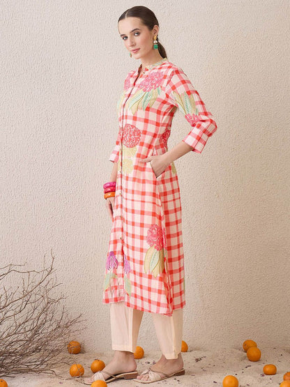 Dhiyona IE Floral Printed Mandarin Collar Pure Cotton A-Line Kurta With Trouser