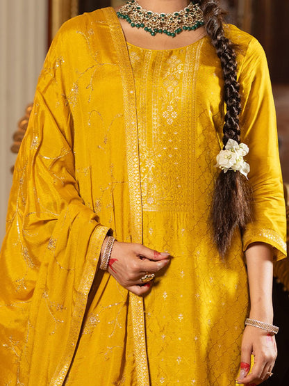 Dhiyona IE Floral woven Design Zari Work Straight Kurta With Trousers & Dupatta