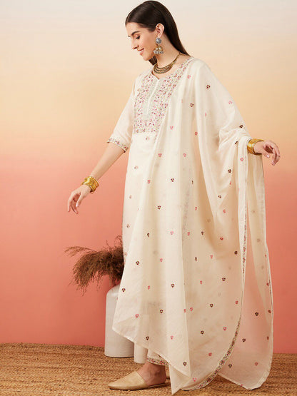 Dhiyona SN Women's Floral Embroidered Pure Cotton Straight Kurta With Palazzo & Dupatta