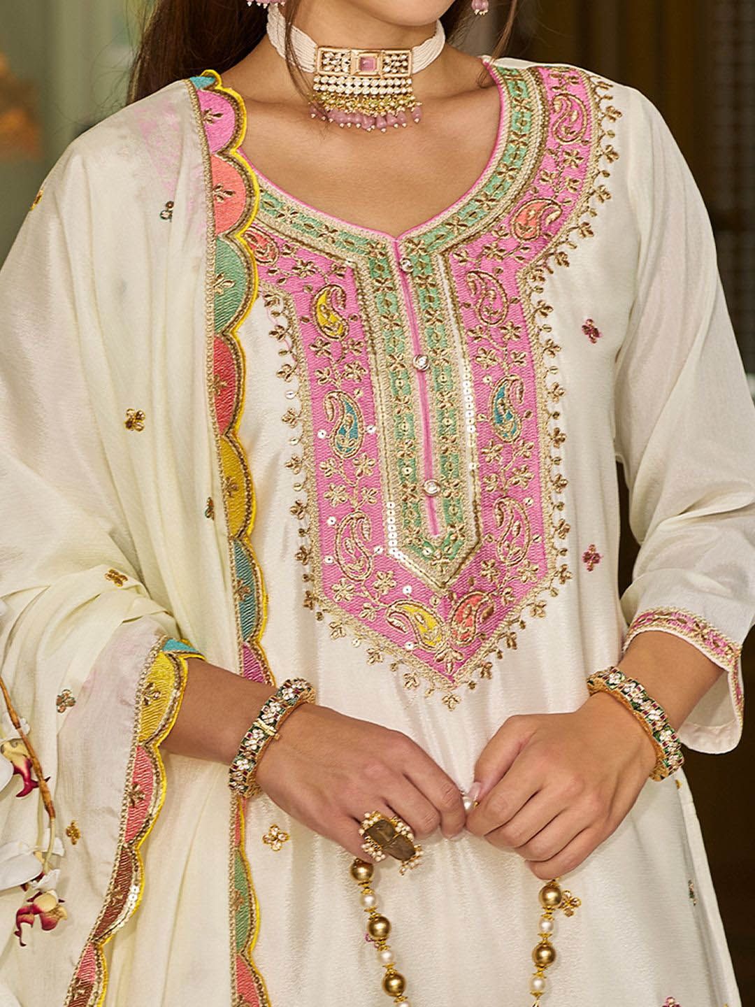 Paisley Embroidered Sequinned Straight Kurta With Sharara And Dupatta