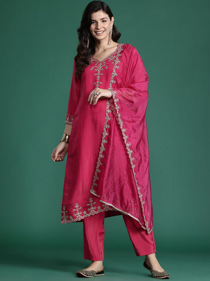 Ethnic Motifs Embroidered Kurta with Trousers & With Dupatta