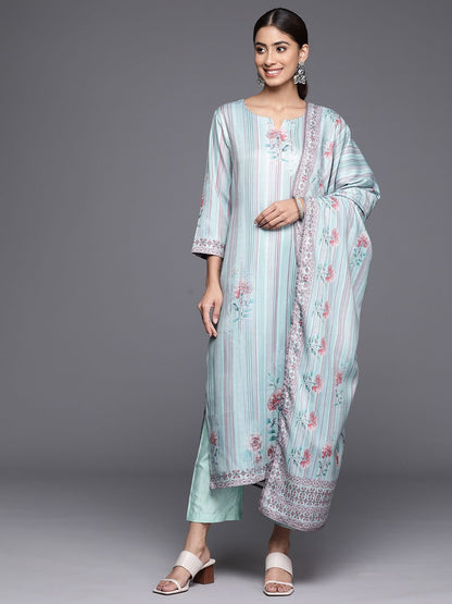Dhiyona VA Women'sBlue Floral Printed & Striped Round Neck Straight Kurta with Trousers & Dupatta