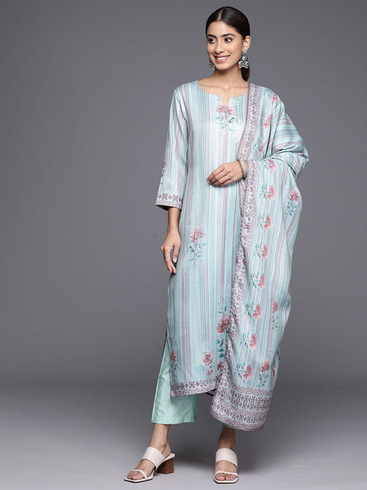 Dhiyona VA Women'sBlue Floral Printed & Striped Round Neck Straight Kurta with Trousers & Dupatta