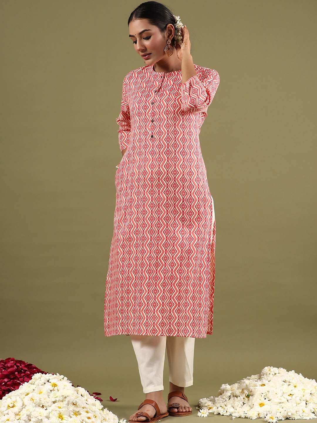Dhiyona IE Geometric Printed Mirror Work Straight Kurta
