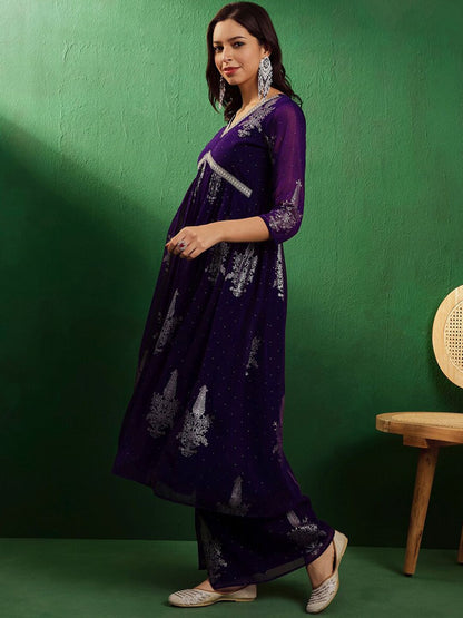 Dhiyona SN Women's V-neck Three quarter regular sleeves Alia Cut Printed Kurta Set