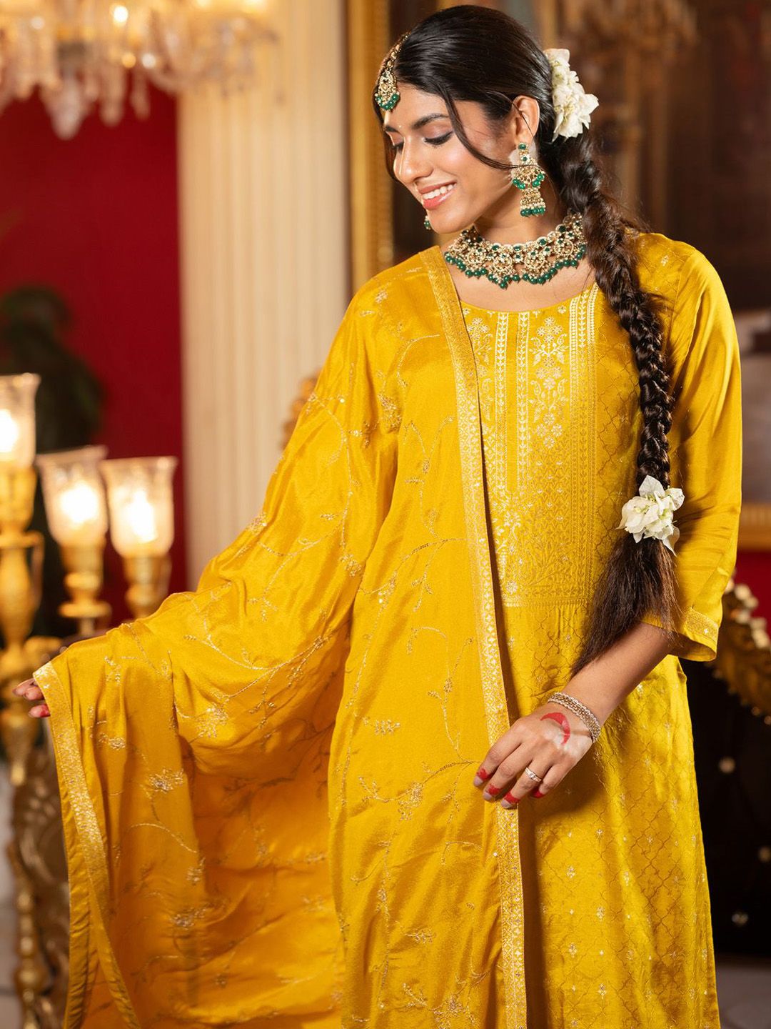 Dhiyona IE Floral woven Design Zari Work Straight Kurta With Trousers & Dupatta