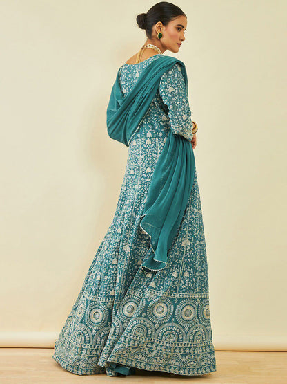 Dhiyona SO Women's Ethnic Motifs Embroidered Georgette Kurta With Churidar & Dupatta