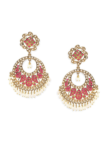 Dhiyona RJ Women's 22K Antique Gold Plated Ruby Zirconia & Pearl Studded Statement Chandbali Earring