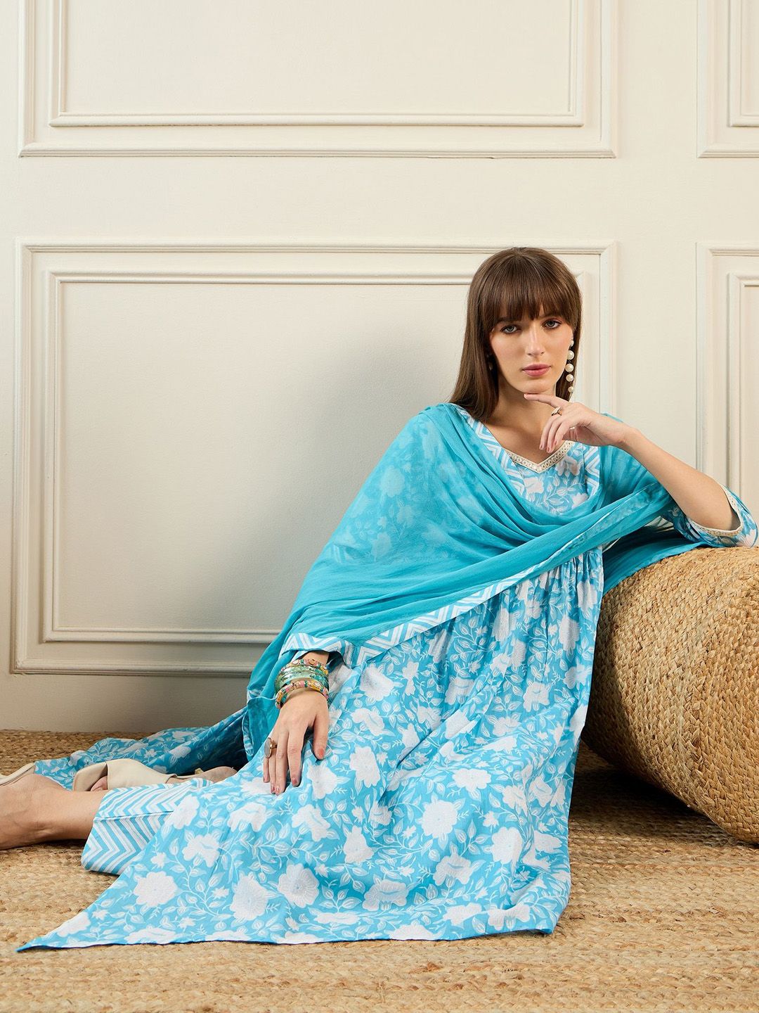 Dhiyona IE Women Floral Printed Empire Mirror Work Pure Cotton Kurta with Trousers & With Dupatta