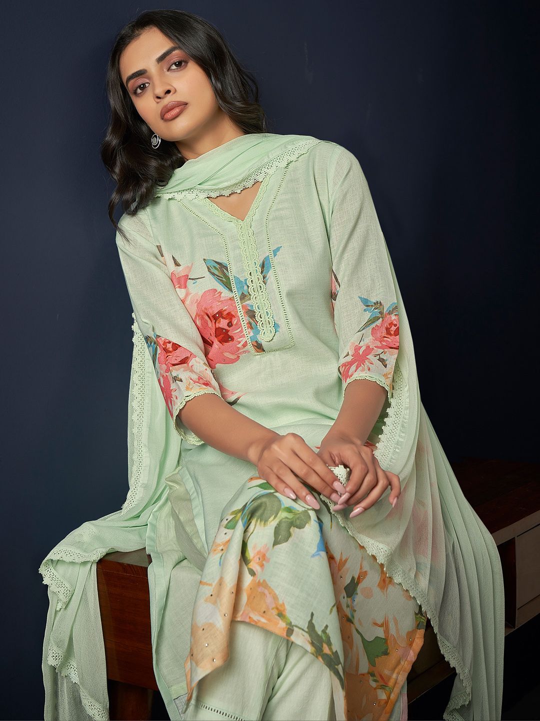 Dhiyona IE Floral Printed Regular Linen Straight Kurta With Trousers & Dupatta