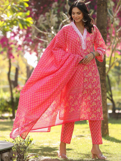 Dhiyona VA Women'sFloral Printed Regular Straight Kurta with trousers & with Dupatta