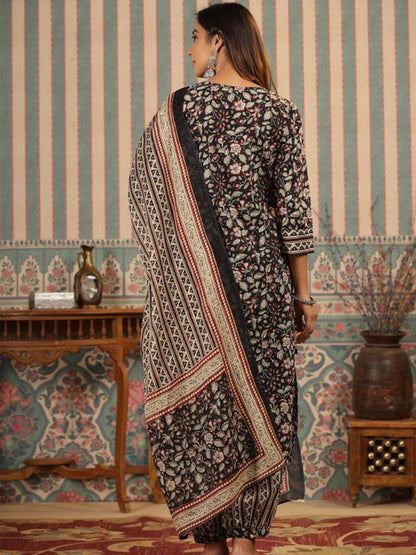 Dhiyona IS Women's Kalamkari Embellished Cotton Kurta with Afghani Pants & Flowy Mulmul Dupatta