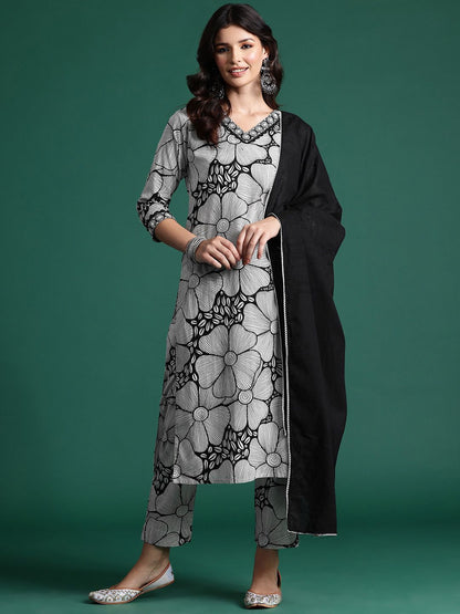 Dhiyona IE Women Printed Mirror Work Pure Cotton Kurta With Trousers & Dupatta