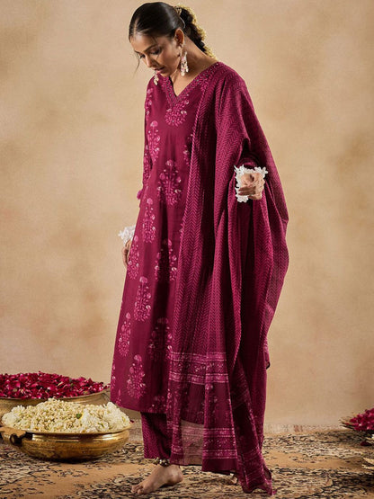 Floral Printed V-Neck Pure Cotton Straight Kurta With Trousers & Dupatta