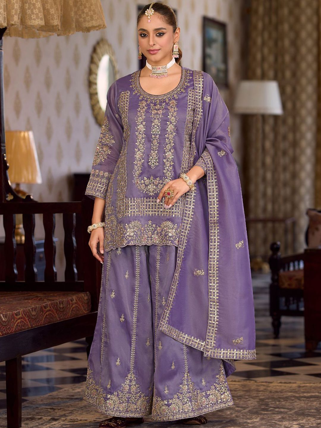 Women Ethnic Motifs Embroidered Regular Sequinned Kurta with Palazzos & With Dupatta