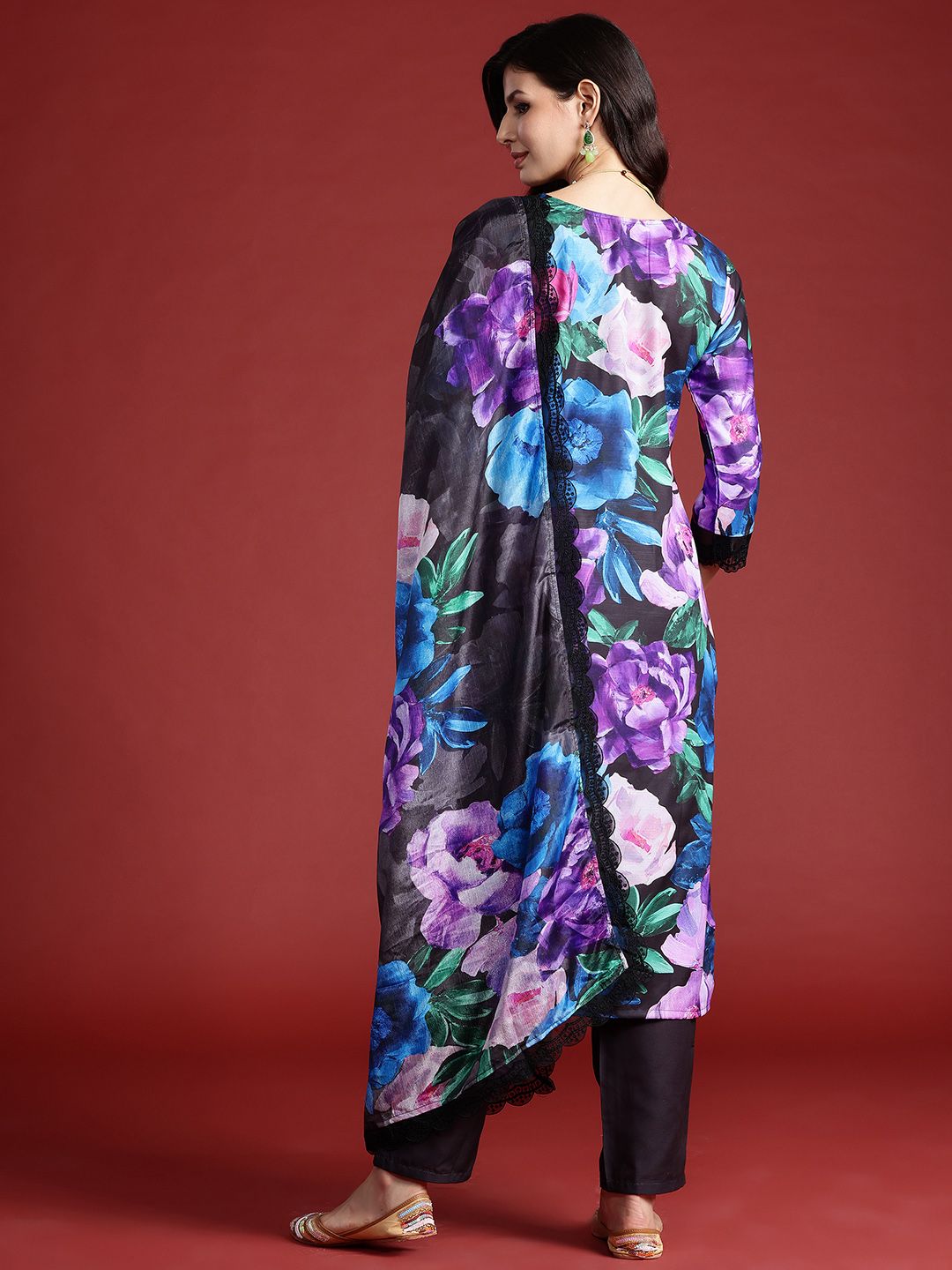 Floral Printed Sequinned Kurta With Trousers & Dupatta
