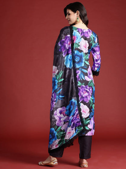 Floral Printed Sequinned Kurta With Trousers & Dupatta