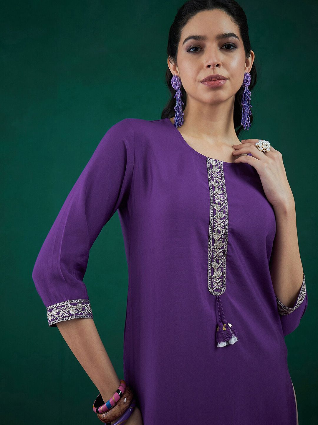 Dhiyona IE Purple Ethnic Motifs Yoke Design Thread Work Chanderi Silk Straight Kurta