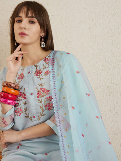 Dhiyona IE Floral Embroidered Round Neck Thread Work Kurta with Trousers & With Dupatta