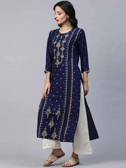 Dhiyona IE Women Blue & Gold-Toned Printed A-Line Kurta