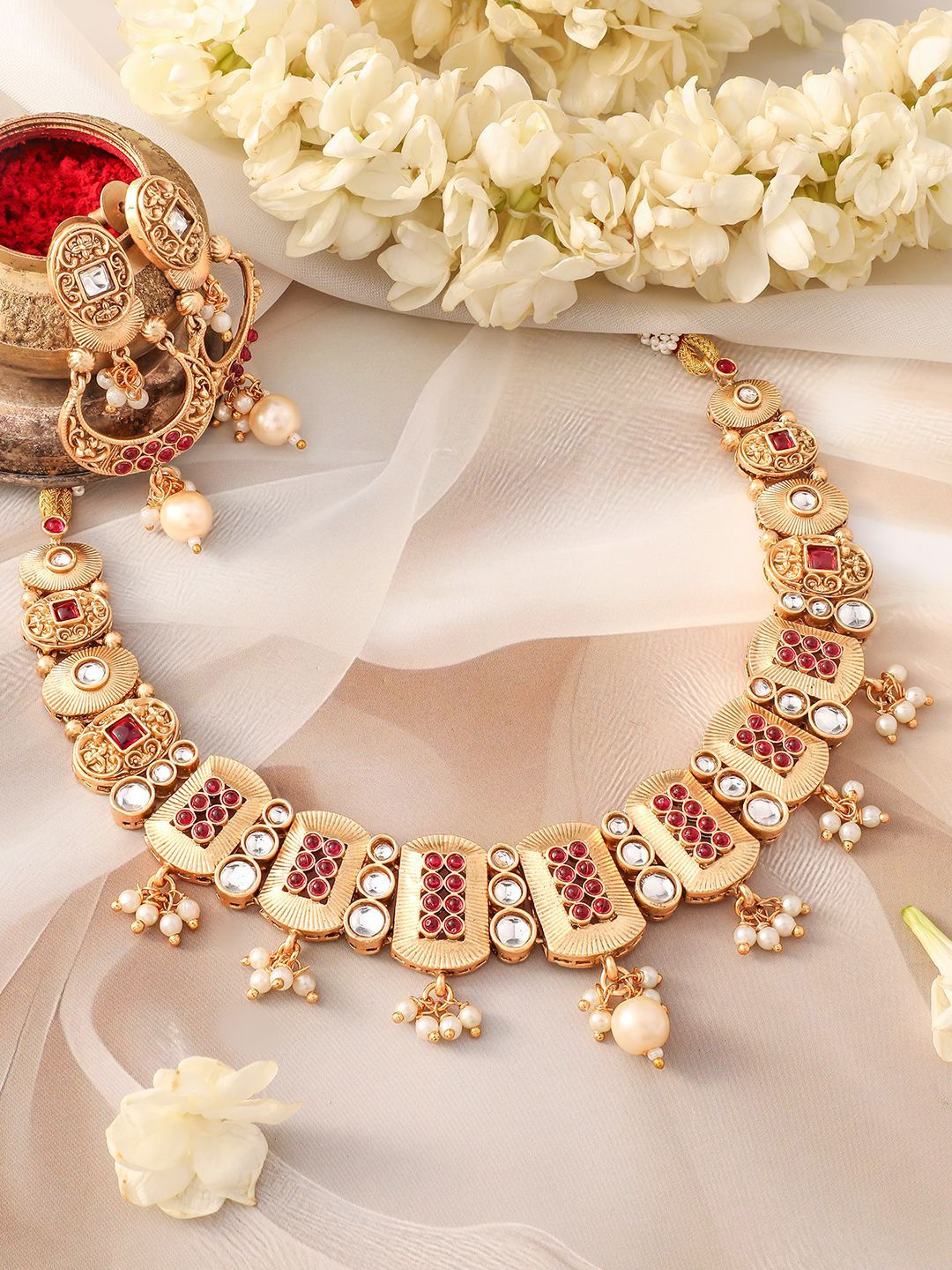 Dhiyona RJ Women's 24K Gold-Plated Ruby, Kundan Studded & Pearl Drops Rectangle Motif Necklace Set