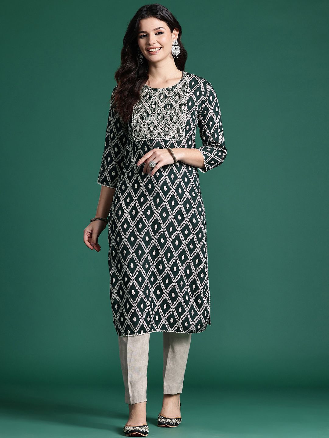 Dhiyona IE Geometric Printed Mirror Work Kurta