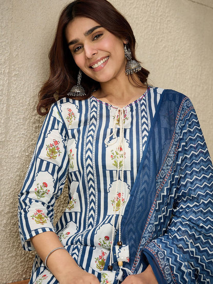 Floral Printed Tie-Up Neck Pure Cotton Straight Kurta With Trousers & Dupatta