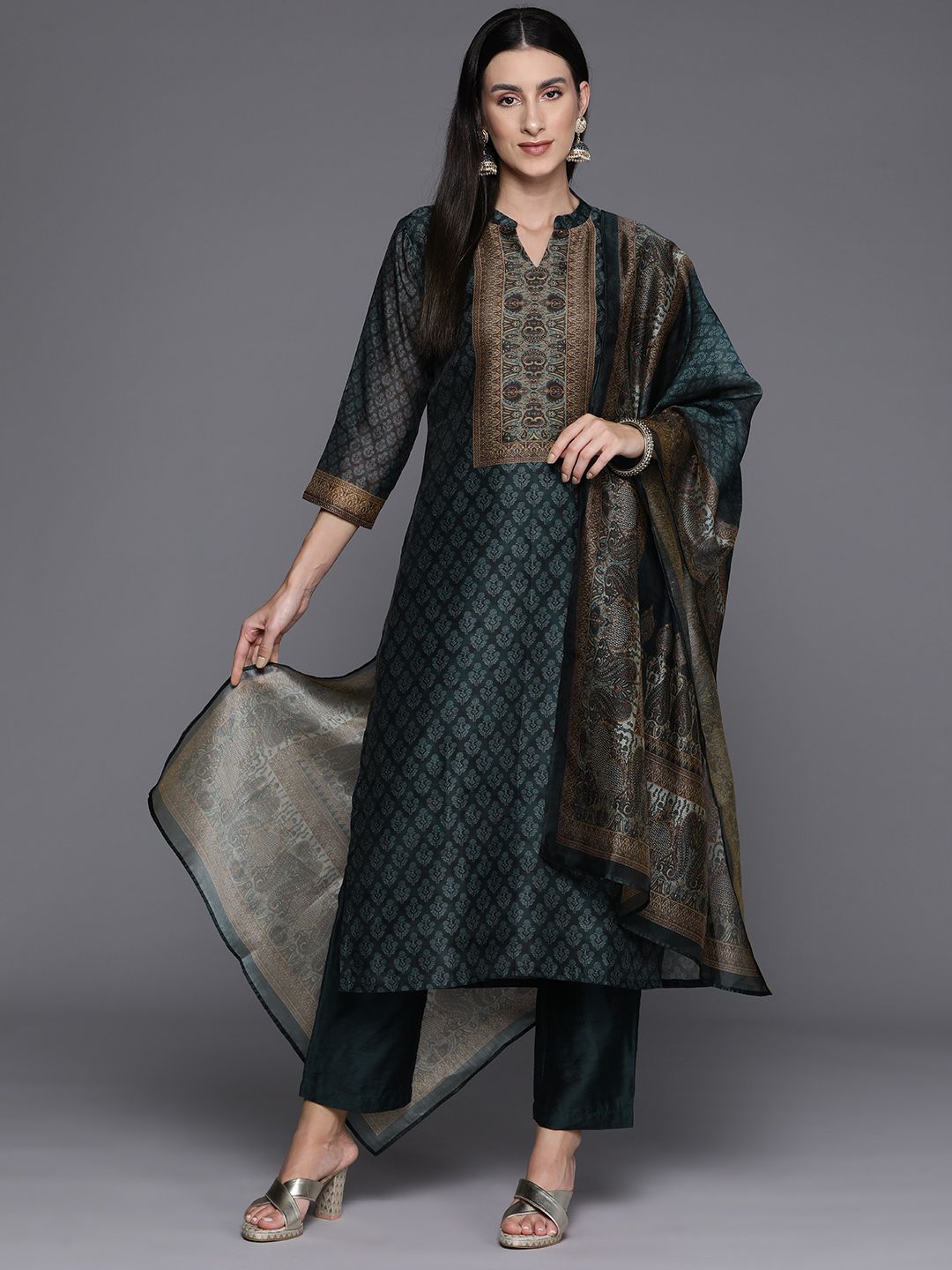 Dhiyona VA Women'sEthnic Printed Chanderi Silk Kurta with Trouser and Dupatta