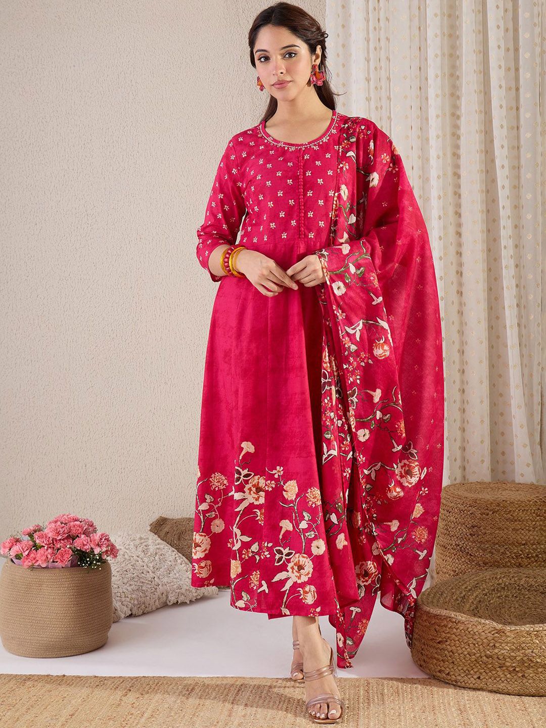 Floral Printed Pure Cotton A-Line Kurta With Trousers & Dupatta
