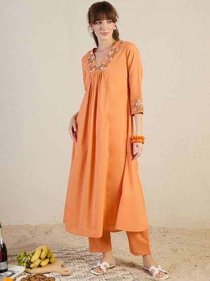 Dhiyona IE Embroidered Pure Cotton V-Neck Top With Trousers Co-Ords