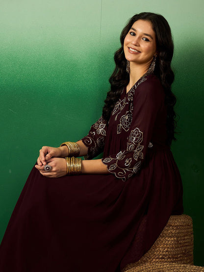 Dhiyona SN Women's Brown Floral Embroidered V-Neck A-Line Kurta With Palazzo Set