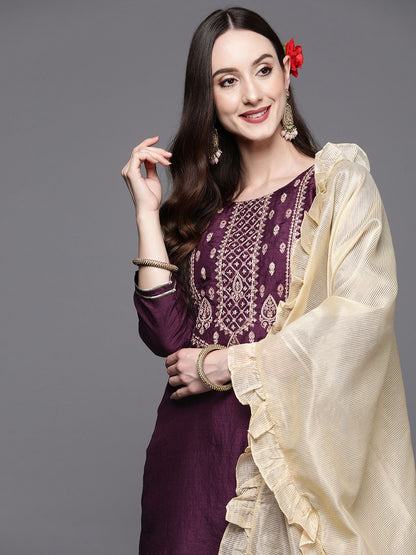 Dhiyona IE Women Purple Ethnic Motifs Yoke Design Thread Work Kurta with Trousers & Dupatta