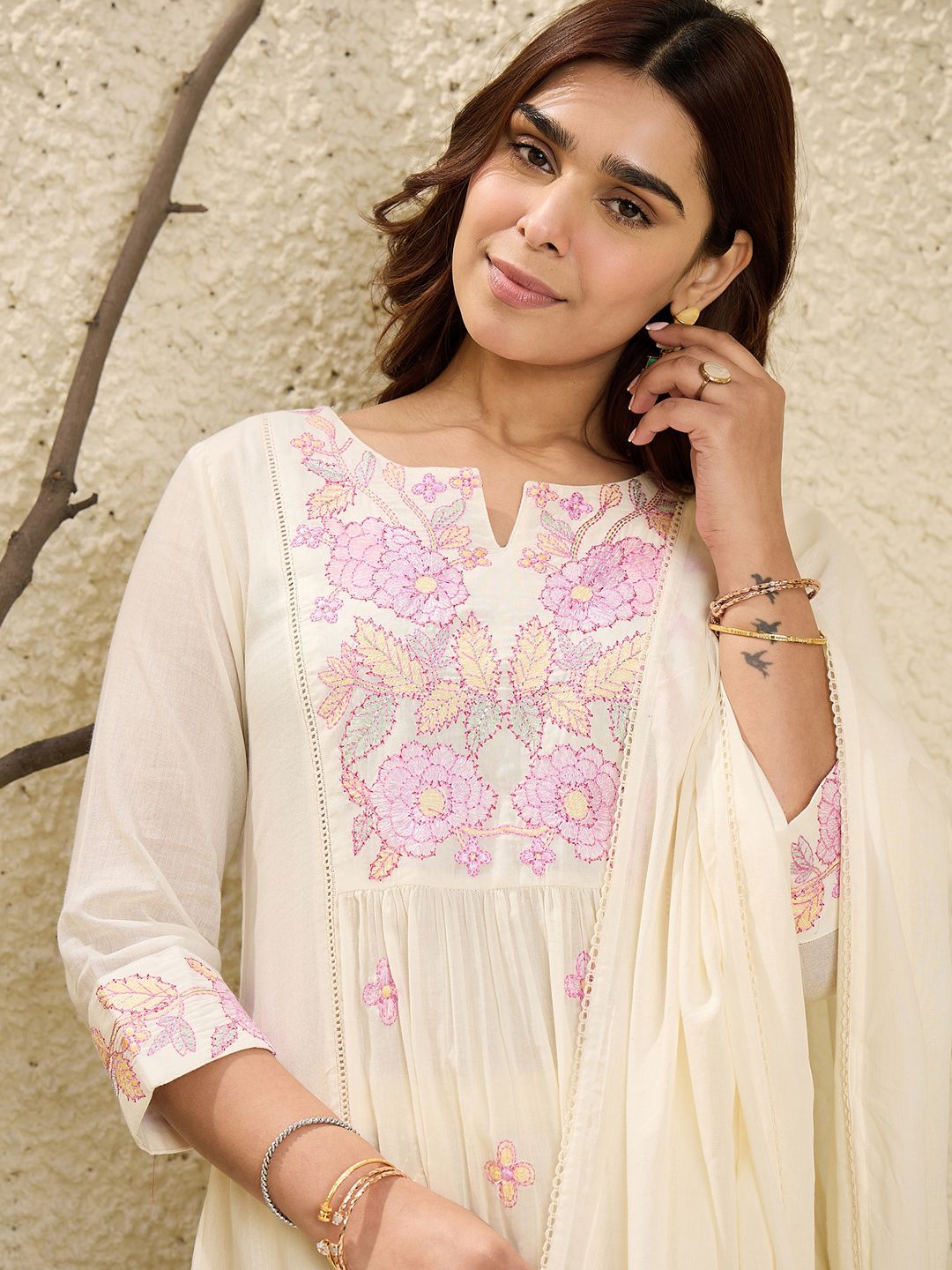 Dhiyona IE Floral Embroidered Mirror Work Pure Cotton A-Line Kurta With Trousers & Dupatta