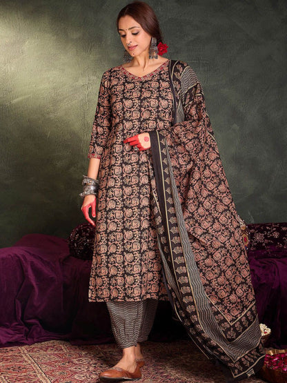 Dhiyona IE Floral Printed V-Neck Cotton Straight Kurta With Trousers & Dupatta