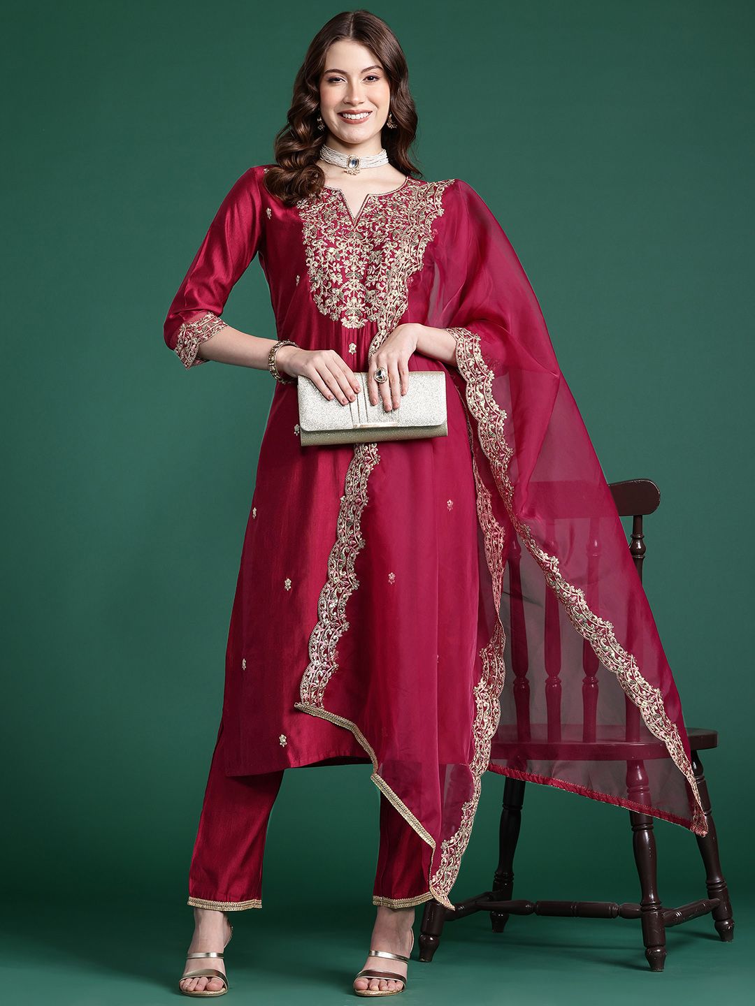 Women Embroidered Straight Kurta Set