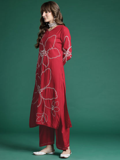 Dhiyona IE Floral Embroidered Regular Thread Work Kurta with Palazzos