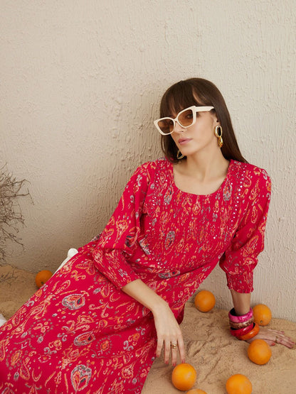 Dhiyona IE Ethnic Motifs Printed Round Neck Thread Work Straight Kurta