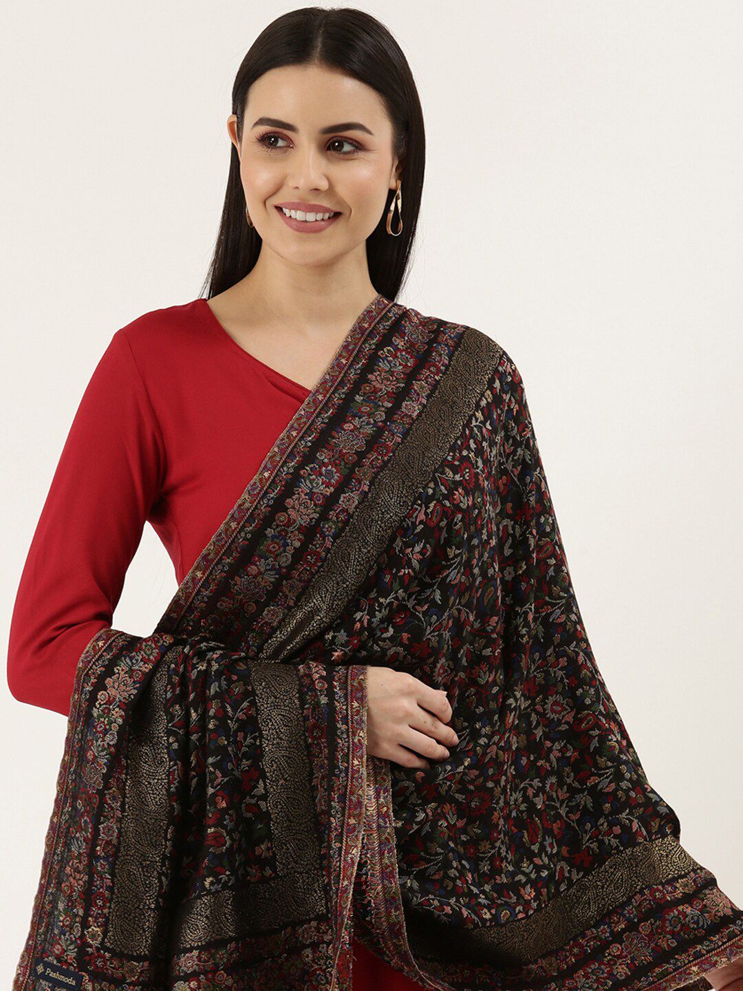 Dhiyona PA Women Black Floral Design Woven Shawl