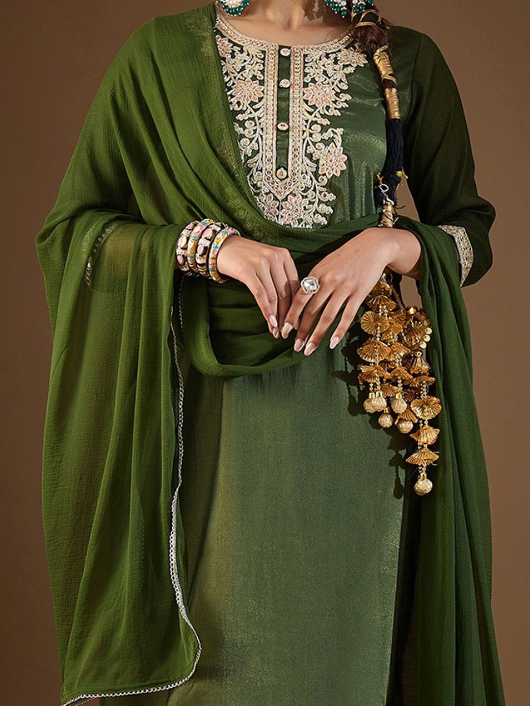 Dhiyona IE Women Ethnic Motifs Embroidered Regular Kurta with Trousers & With Dupatta
