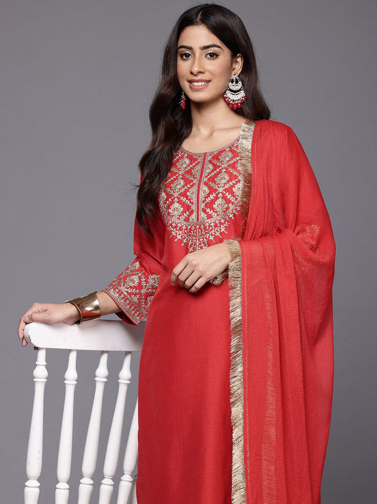 Dhiyona VA Women's Ethnic Motifs Embroidered Kurta with Palazzos & With Dupatta