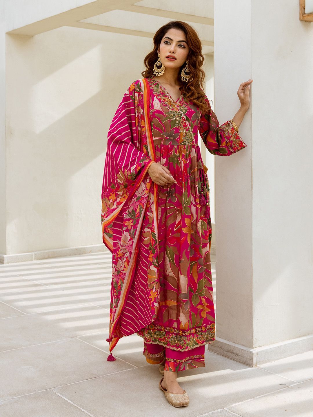 Dhiyona IS Women's Floral Printed Pure Cotton Thread work Anarkali Kurta With Palazzos And Dupatta