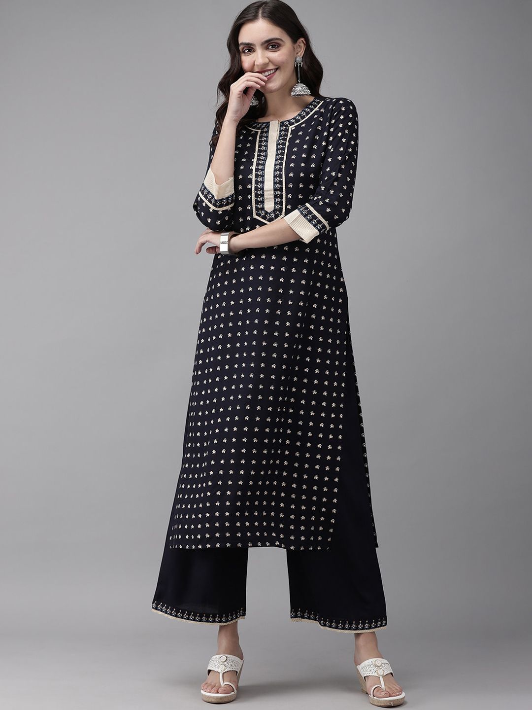Dhiyona IE Women Navy Blue Ethnic Motifs Printed Liva Kurti with Palazzos