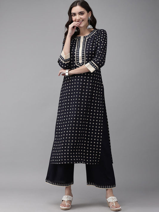Women Navy Blue Ethnic Motifs Printed Liva Kurti with Palazzos