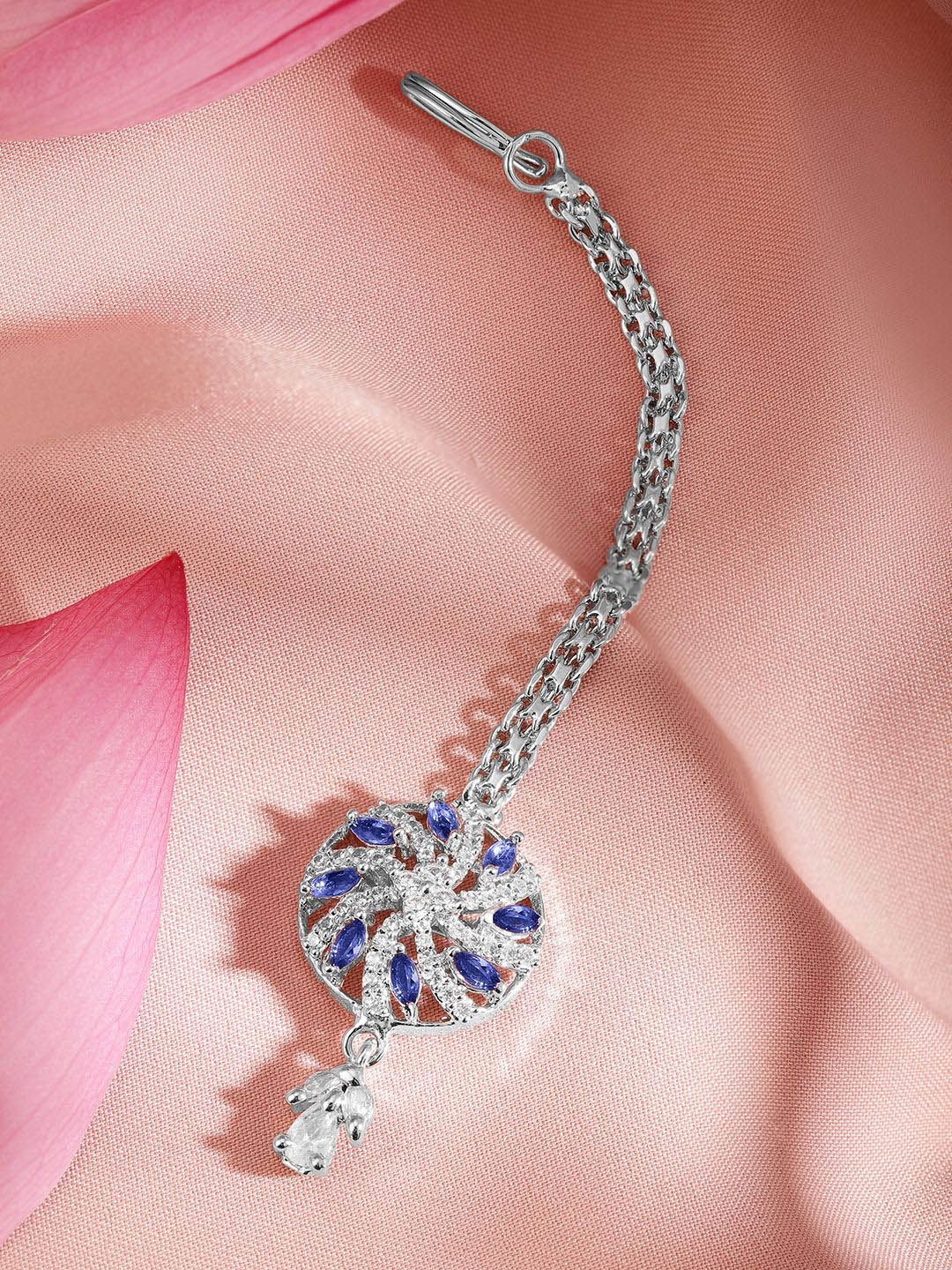 Dhiyona RJ Women's Rhodium-Plated Blue & White Cubic Zirconia Studded Maang Tikka