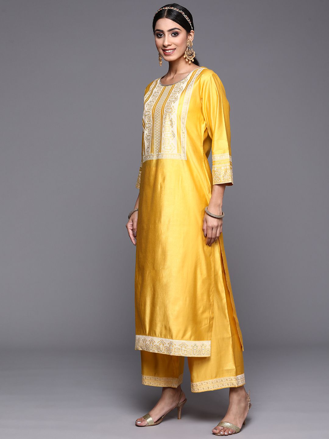 Women Yellow Printed Liva Kurta with Palazzos & With Dupatta