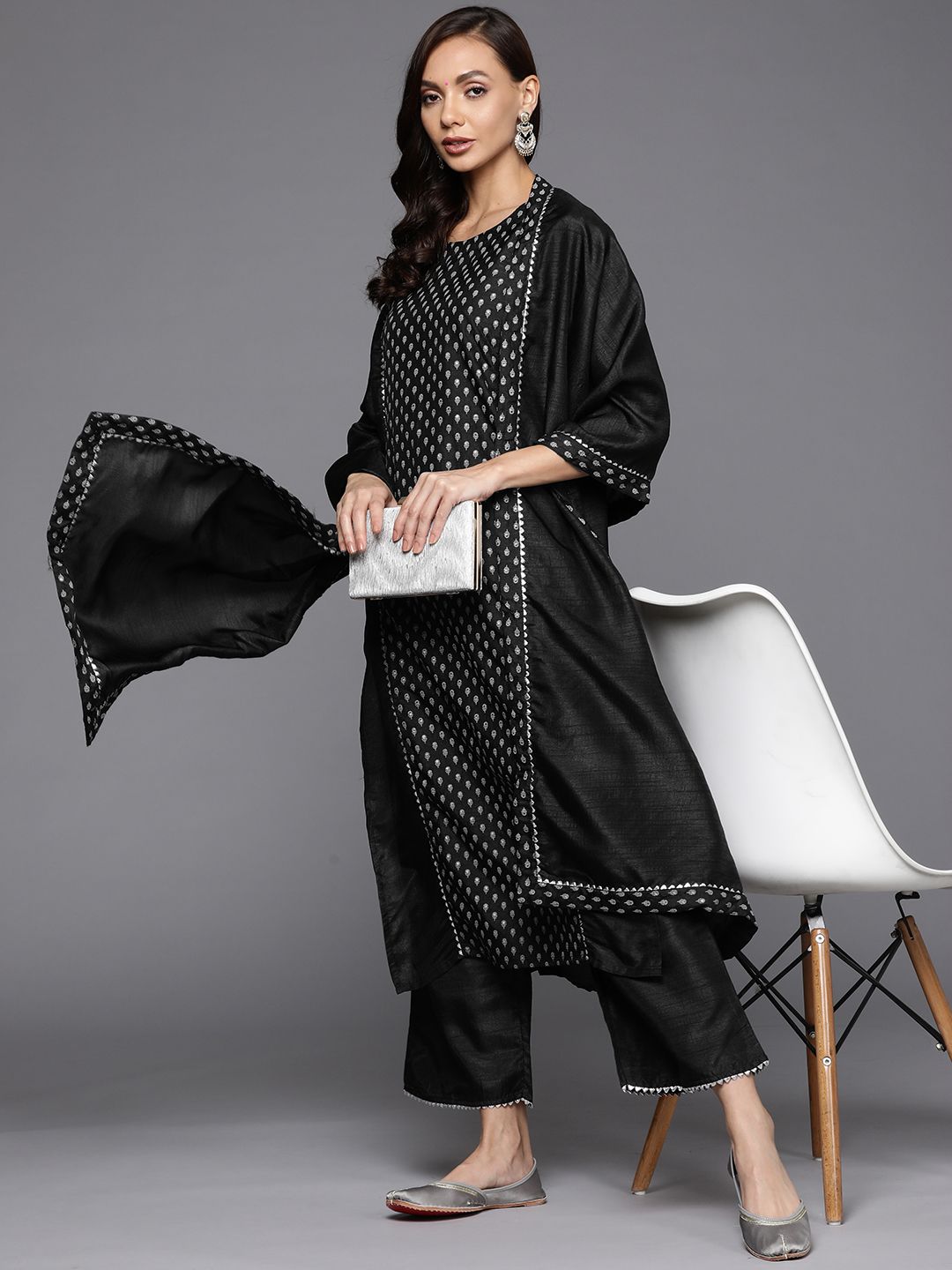 Dhiyona IE Women Black Ethnic Motifs Printed Gotta Patti Kurta with Trousers & With Dupatta