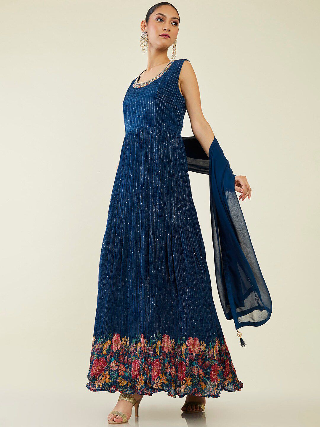 Dhiyona SO Women's Sequined Embellished Embroidered Anarkali Kurta with Churidar & Dupatta
